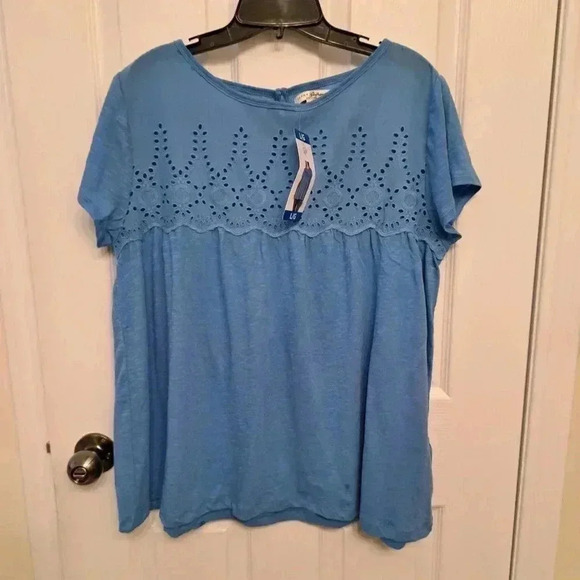 ❤ NWT Jachs Girlfriend Blue Cotton Top Large Slub Knit Short Sleeved Eyelet Yoke - Picture 6 of 12